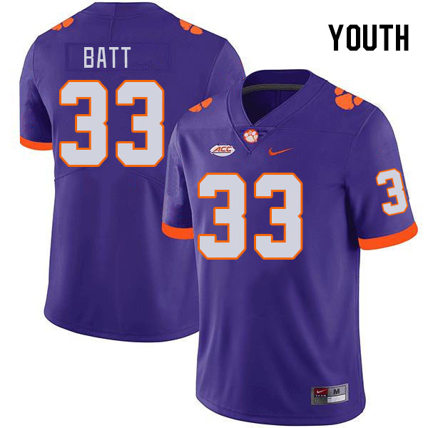 Youth Clemson Tigers Griffin Batt #33 College Purple NCAA Authentic Football Stitched Jersey 23PA30GO